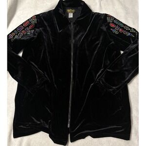 Bob Mackie Wearable Art Women's Black Velvet Full Zip Jacket Embroidered Sz XL
